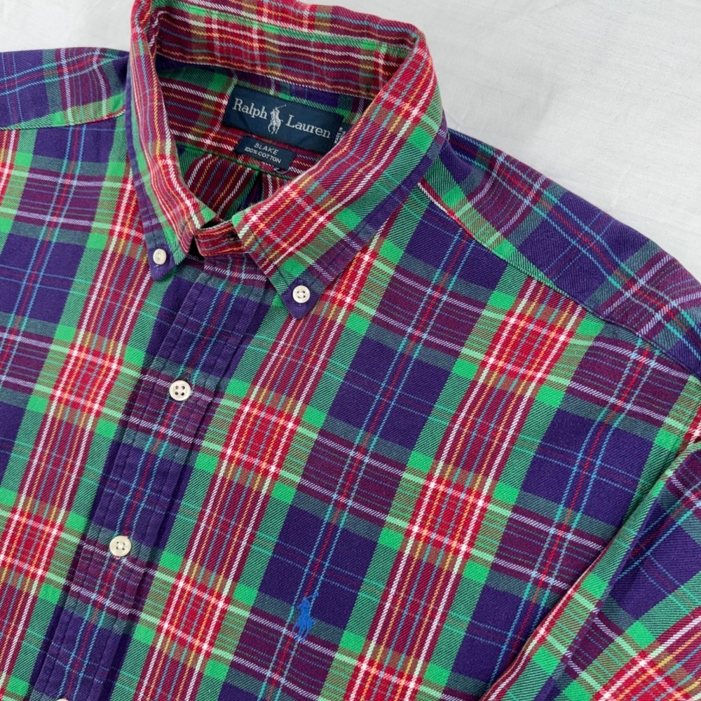 Ralph Lauren Button Down Shirt Men L Blake Plaid Cotton Relaxed Fit Purple Green